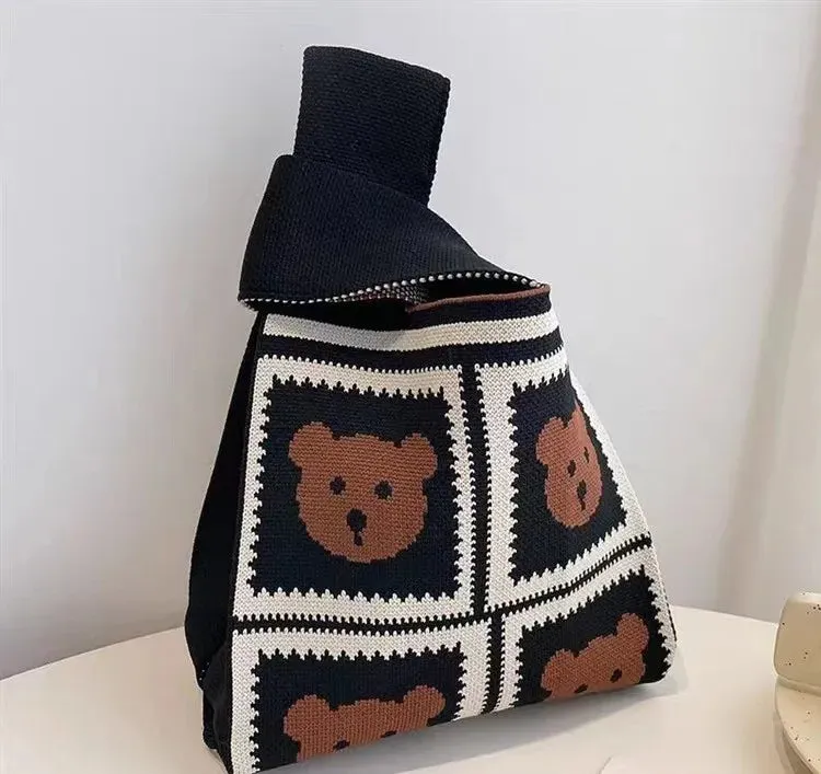Womens Knot Wrist Bag Handmade Knitted Bag Portable Mini Striped Tote Bucket Phone Bags Large Capacity Autumn Winter Handbags