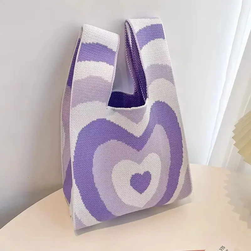Womens Knot Wrist Bag Handmade Knitted Bag Portable Mini Striped Tote Bucket Phone Bags Large Capacity Autumn Winter Handbags