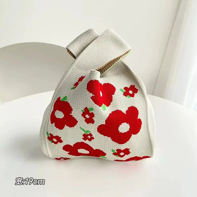 Womens Knot Wrist Bag Handmade Knitted Bag Portable Mini Striped Tote Bucket Phone Bags Large Capacity Autumn Winter Handbags