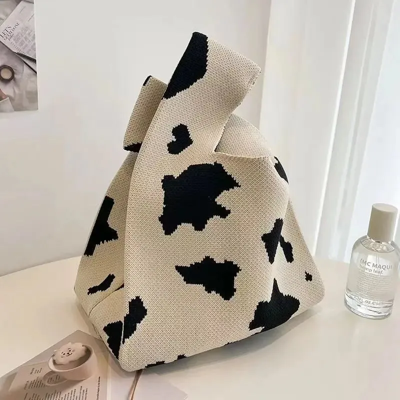 Womens Knot Wrist Bag Handmade Knitted Bag Portable Mini Striped Tote Bucket Phone Bags Large Capacity Autumn Winter Handbags