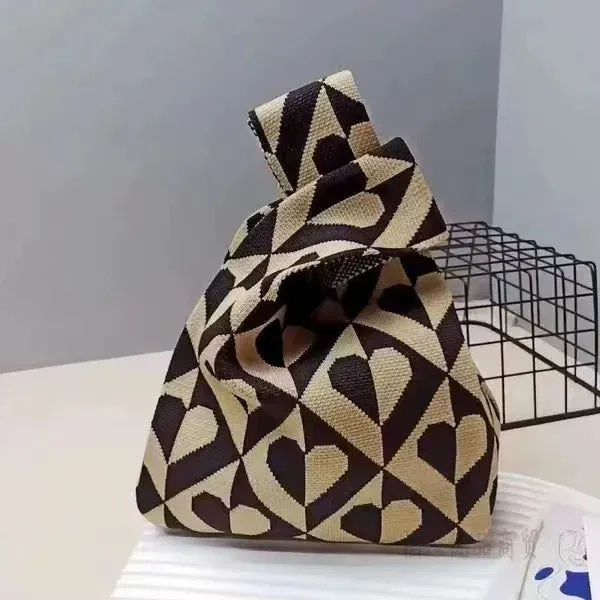 Womens Knot Wrist Bag Handmade Knitted Bag Portable Mini Striped Tote Bucket Phone Bags Large Capacity Autumn Winter Handbags
