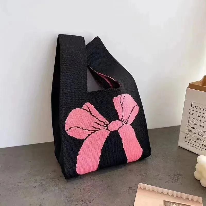 Womens Knot Wrist Bag Handmade Knitted Bag Portable Mini Striped Tote Bucket Phone Bags Large Capacity Autumn Winter Handbags