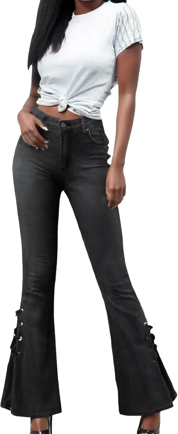 Women's Lace-up Bell Bottoms Mid Waist Stretchy Flare Denim Pants Stretch Vintage Baggy Wide-Leg Trendy Trouser Leggings