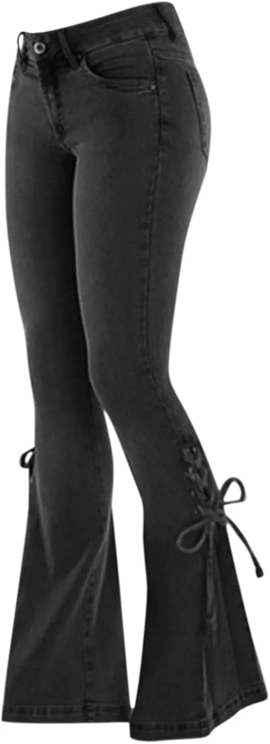 Women's Lace-up Bell Bottoms Mid Waist Stretchy Flare Denim Pants Stretch Vintage Baggy Wide-Leg Trendy Trouser Leggings