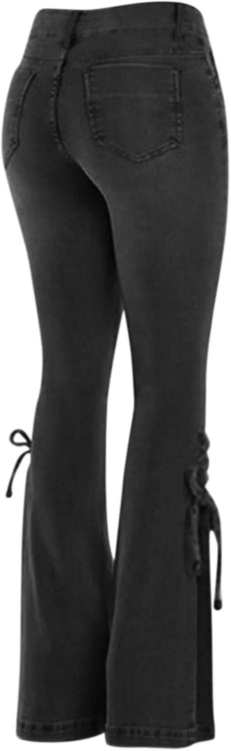 Women's Lace-up Bell Bottoms Mid Waist Stretchy Flare Denim Pants Stretch Vintage Baggy Wide-Leg Trendy Trouser Leggings