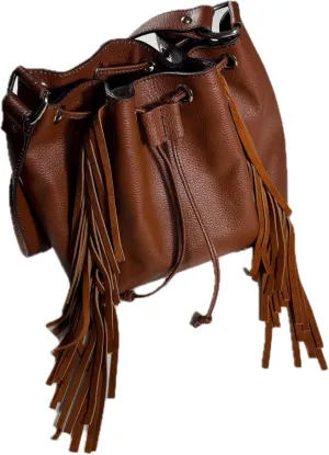 Womens Leather Bucket Bag with Fringe Tassels, Brown, Handmade Drawstring Purse