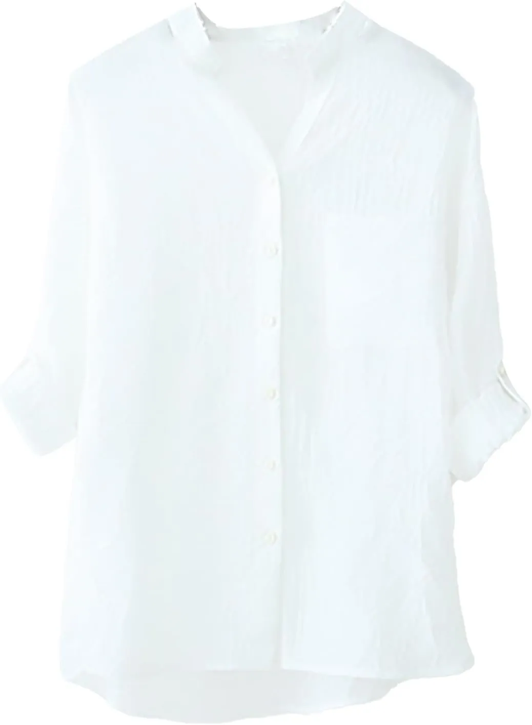 Women's Linen Shirts Thin Three Quarter Sleeve Cotton and Linen Top with Stand Collar White Tops for Women Bathing