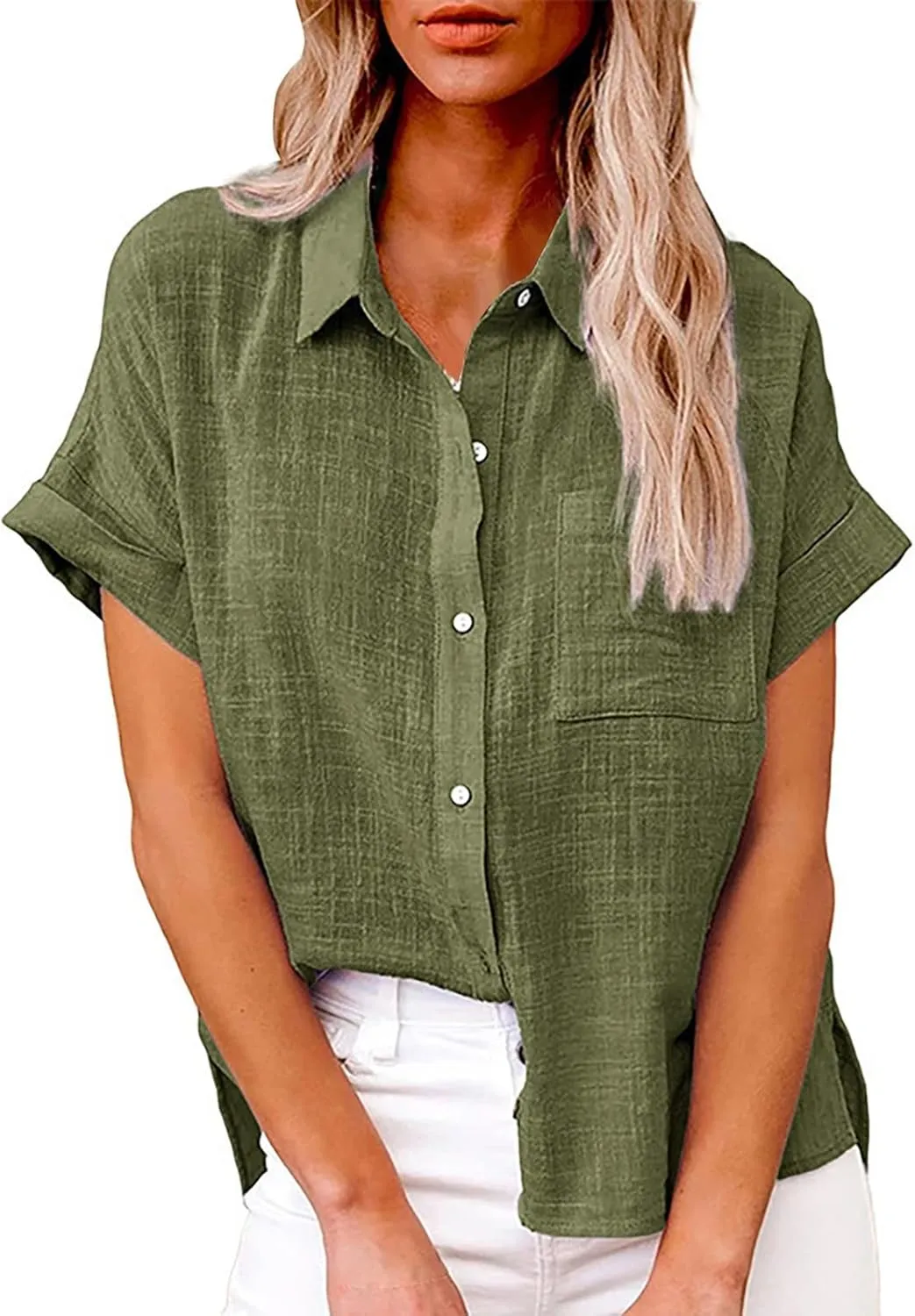 Women's Linen Shirts Thin Three Quarter Sleeve Cotton and Linen Top with Stand Collar White Tops for Women Bathing