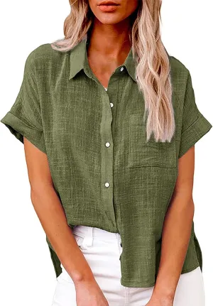 Women's Linen Shirts Thin Three Quarter Sleeve Cotton and Linen Top with Stand Collar White Tops for Women Bathing