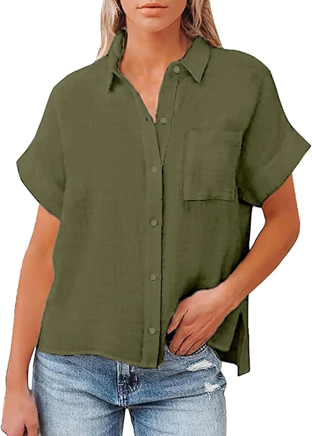 Women's Linen Shirts Thin Three Quarter Sleeve Cotton and Linen Top with Stand Collar White Tops for Women Bathing