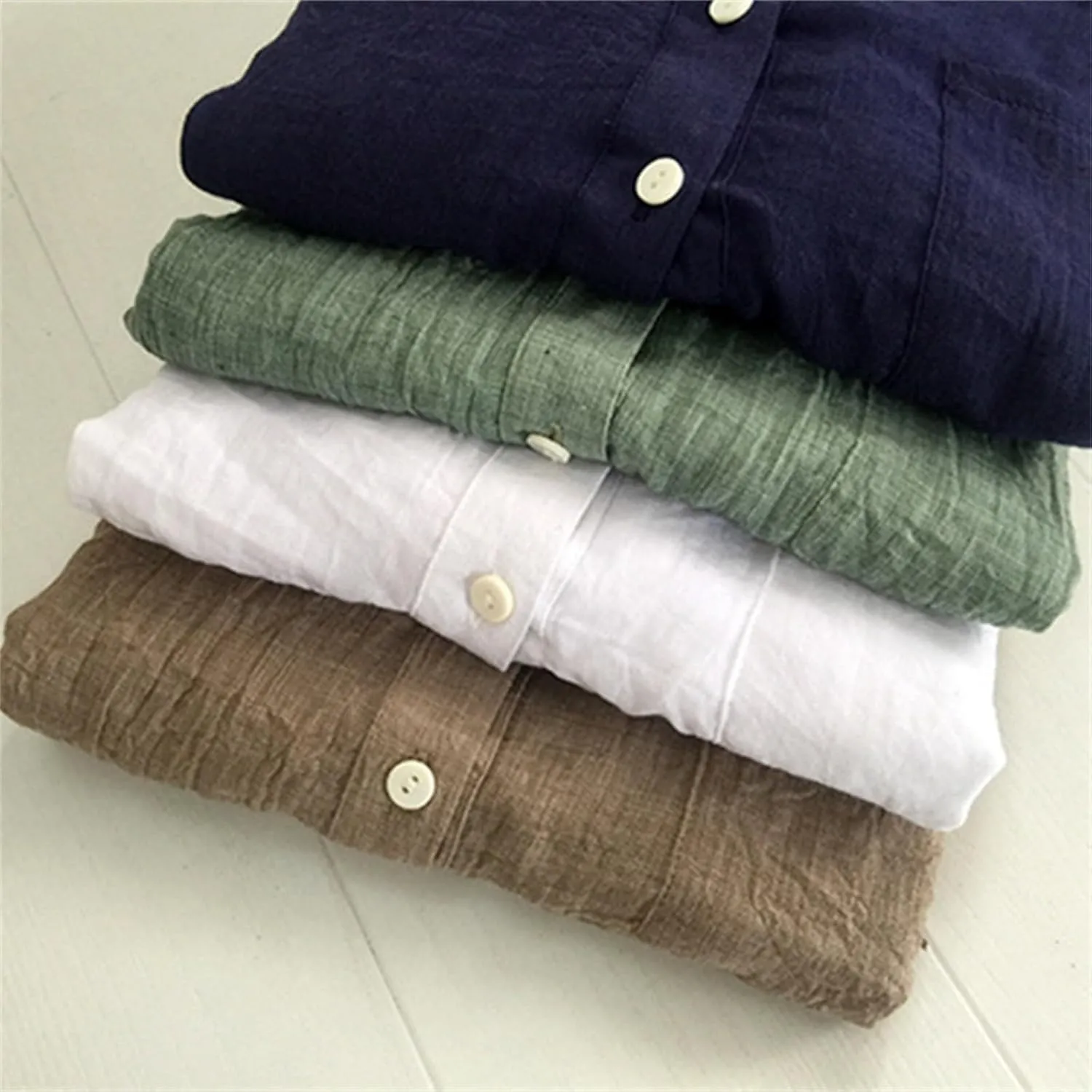 Women's Linen Shirts Thin Three Quarter Sleeve Cotton and Linen Top with Stand Collar White Tops for Women Bathing
