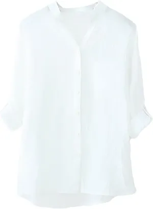 Women's Linen Shirts Thin Three Quarter Sleeve Cotton and Linen Top with Stand Collar White Tops for Women Bathing