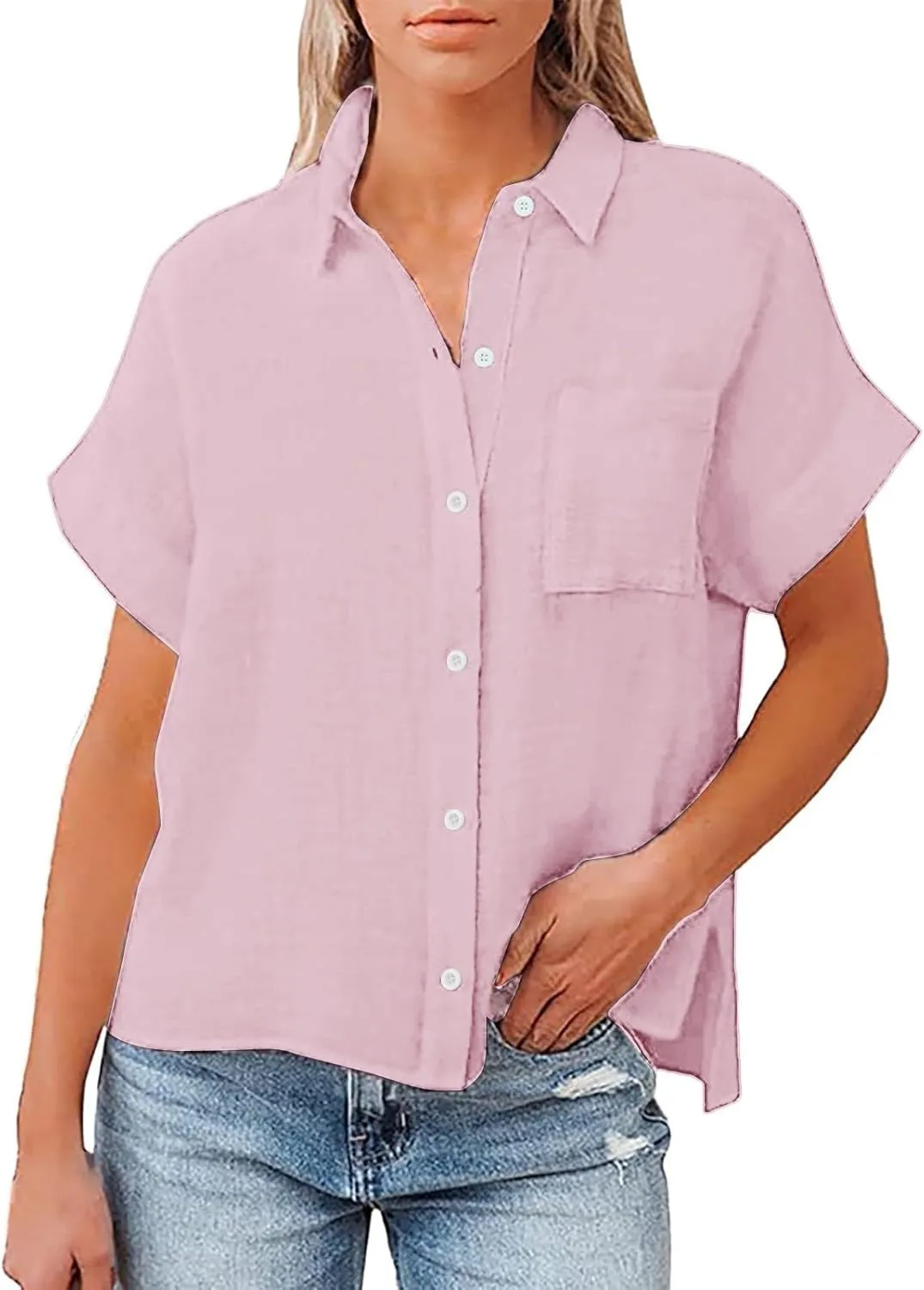 Women's Linen Shirts Thin Three Quarter Sleeve Cotton and Linen Top with Stand Collar White Tops for Women Bathing