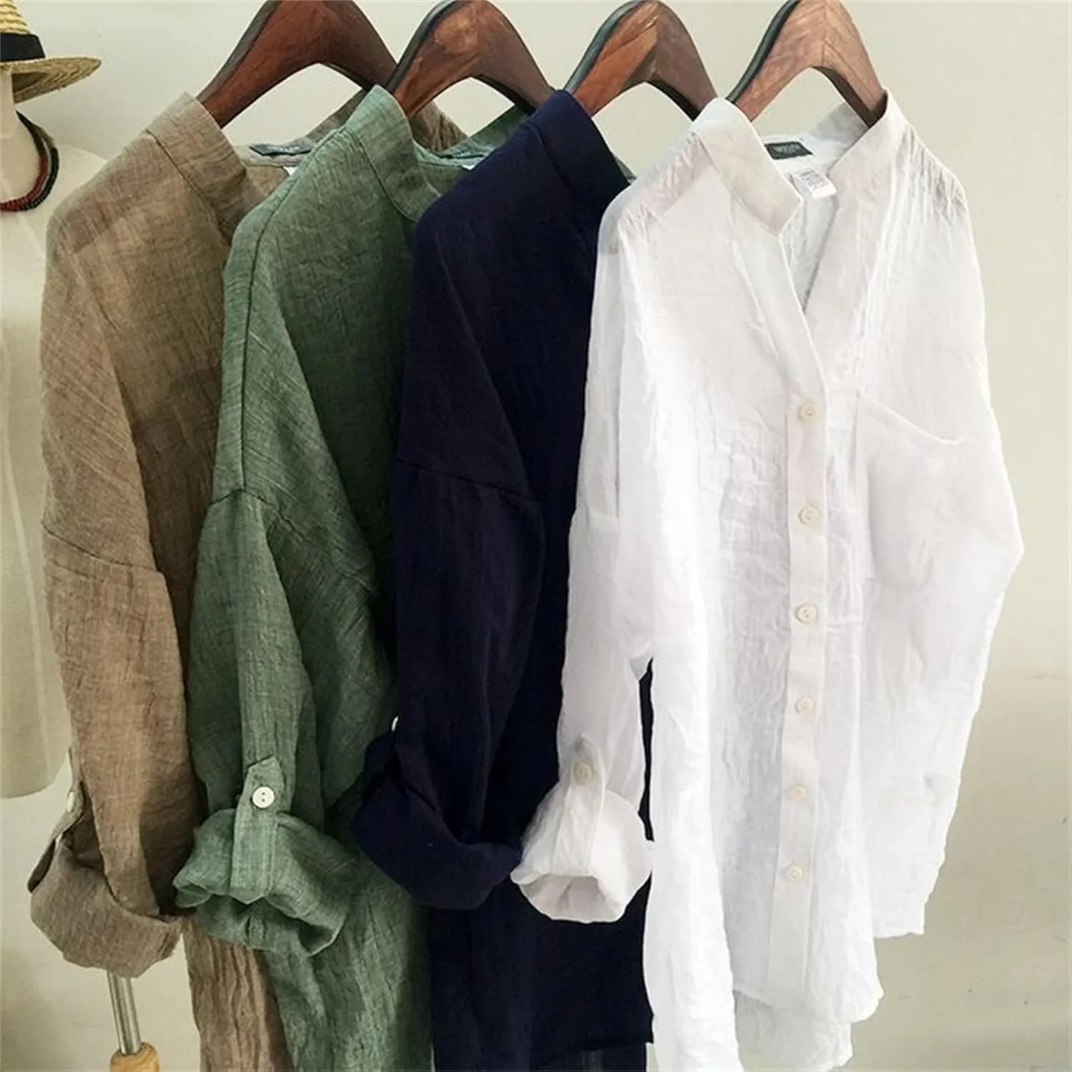 Women's Linen Shirts Thin Three Quarter Sleeve Cotton and Linen Top with Stand Collar White Tops for Women Bathing