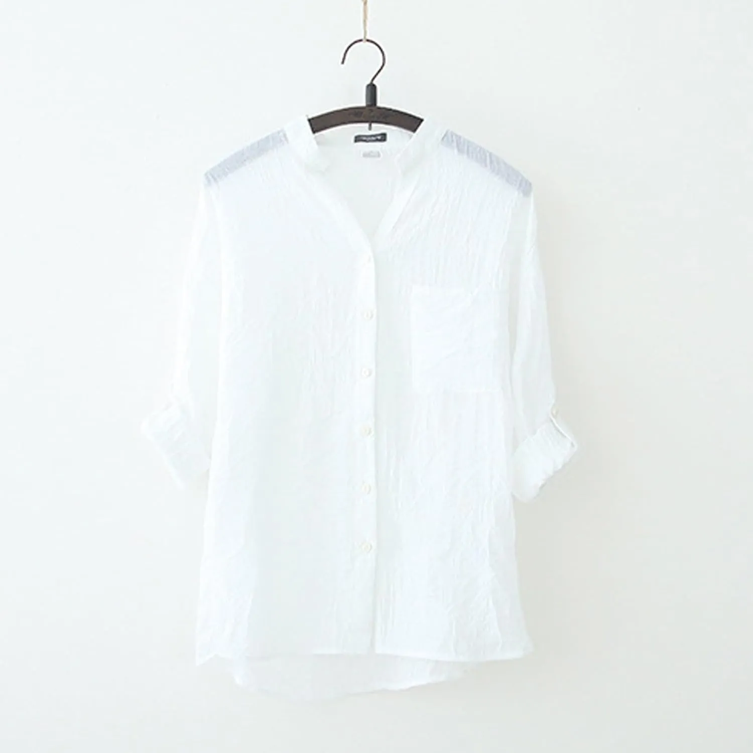 Women's Linen Shirts Thin Three Quarter Sleeve Cotton and Linen Top with Stand Collar White Tops for Women Bathing