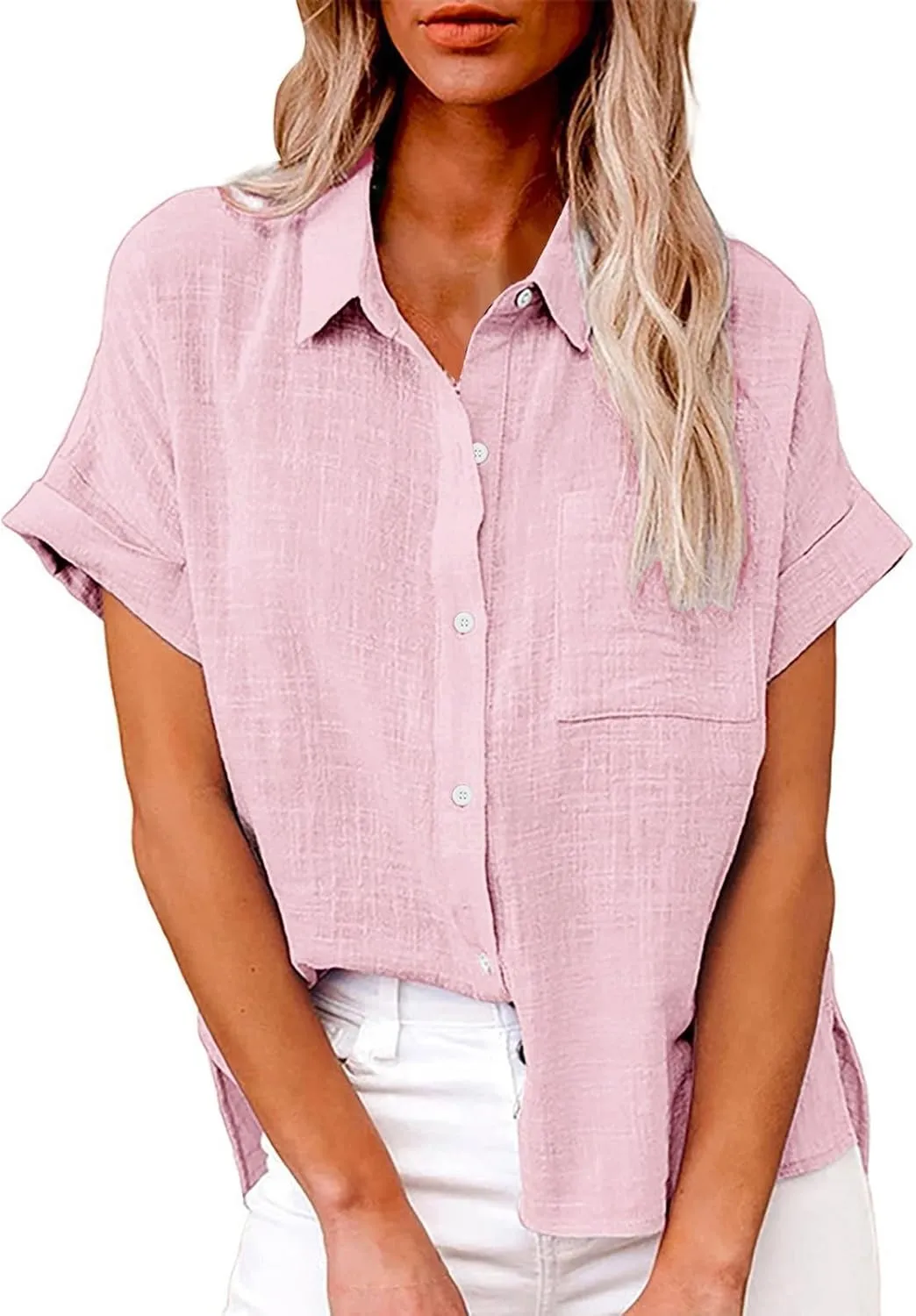 Women's Linen Shirts Thin Three Quarter Sleeve Cotton and Linen Top with Stand Collar White Tops for Women Bathing