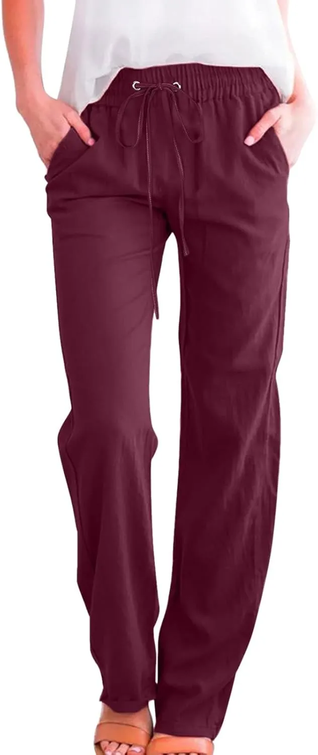 Women's Linen Wide Leg Palazzo Pants High Waist Summer Casual Breathable Comfy Lightweight Straight Pants