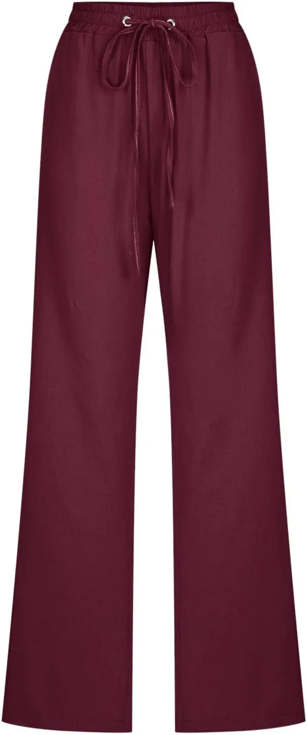 Women's Linen Wide Leg Palazzo Pants High Waist Summer Casual Breathable Comfy Lightweight Straight Pants