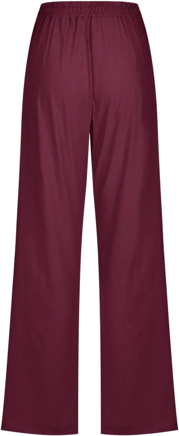 Women's Linen Wide Leg Palazzo Pants High Waist Summer Casual Breathable Comfy Lightweight Straight Pants