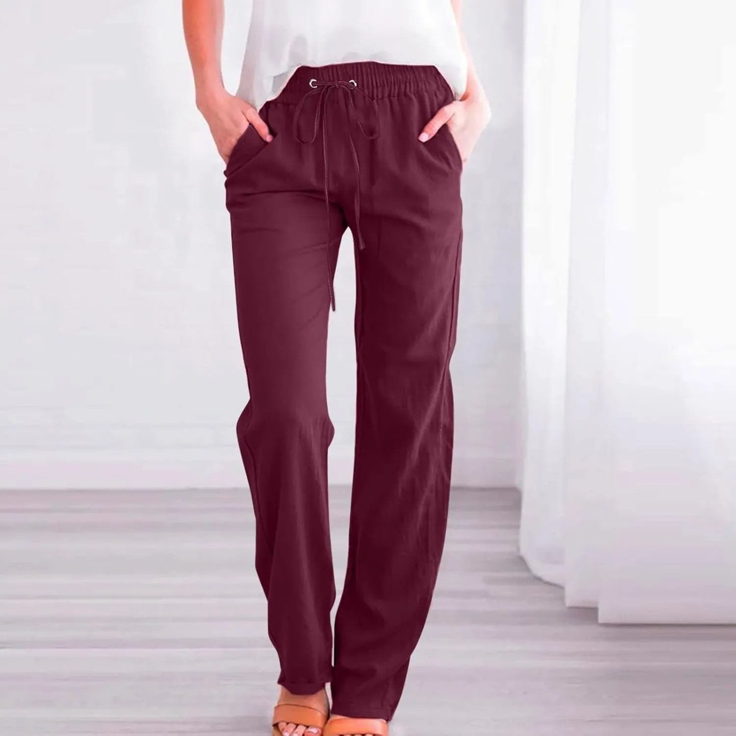 Women's Linen Wide Leg Palazzo Pants High Waist Summer Casual Breathable Comfy Lightweight Straight Pants