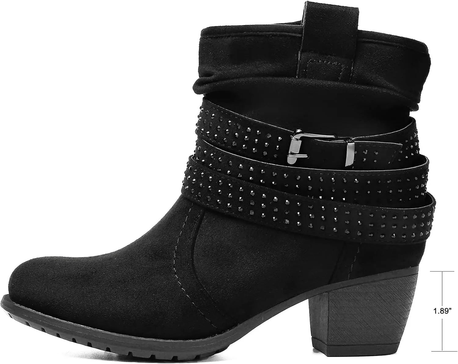 Women's Mid Calf Boots,Round Toe Comfort Low Heel Slouchy Dress zip booties with Jeweled strap