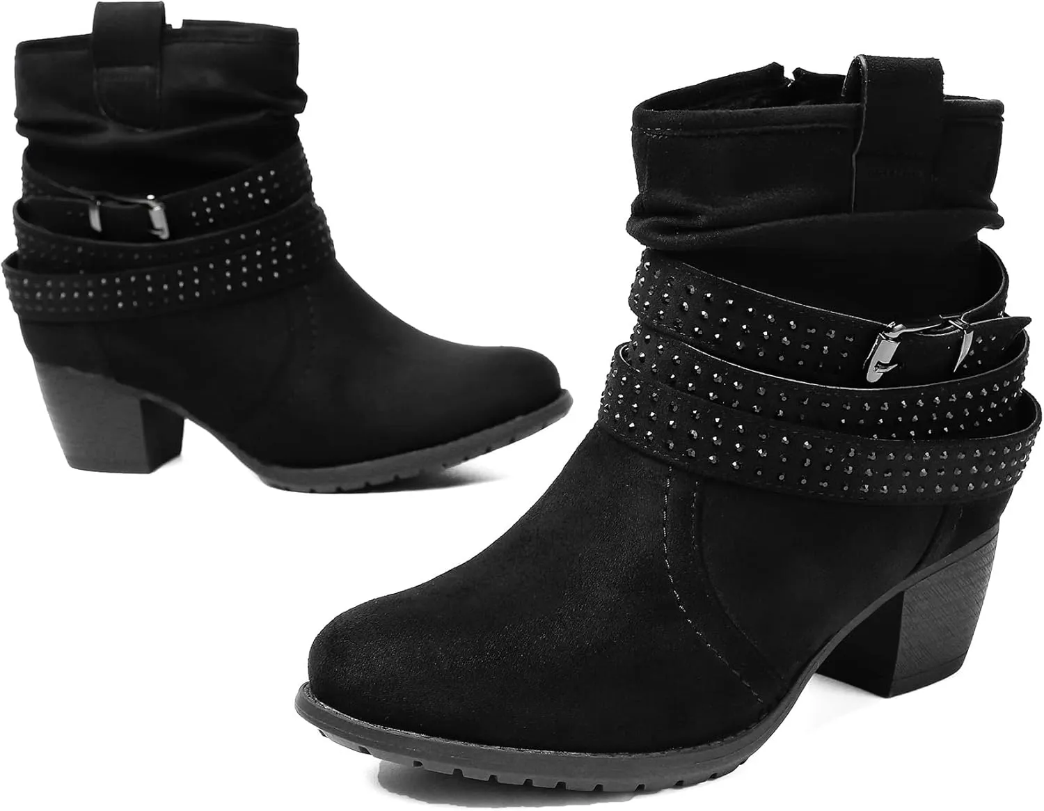 Women's Mid Calf Boots,Round Toe Comfort Low Heel Slouchy Dress zip booties with Jeweled strap