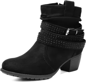 Women's Mid Calf Boots,Round Toe Comfort Low Heel Slouchy Dress zip booties with Jeweled strap