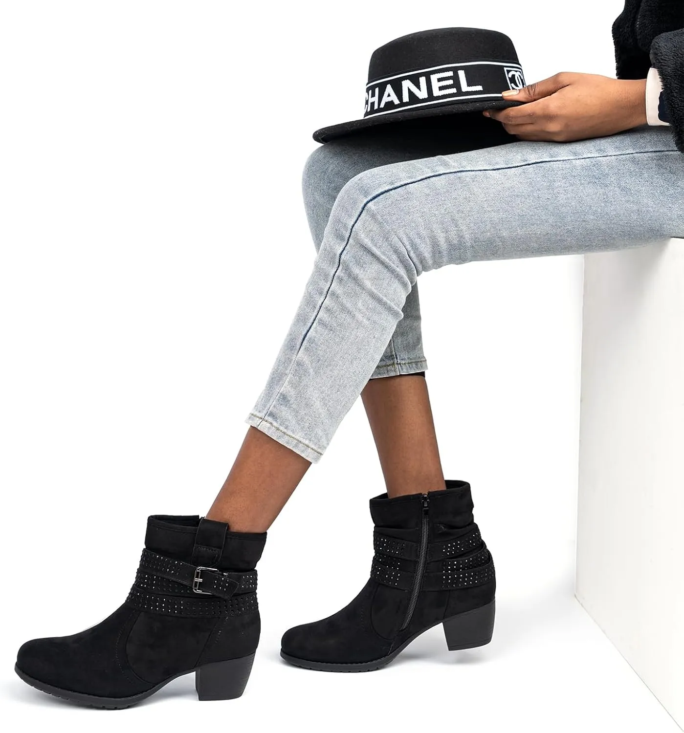 Women's Mid Calf Boots,Round Toe Comfort Low Heel Slouchy Dress zip booties with Jeweled strap