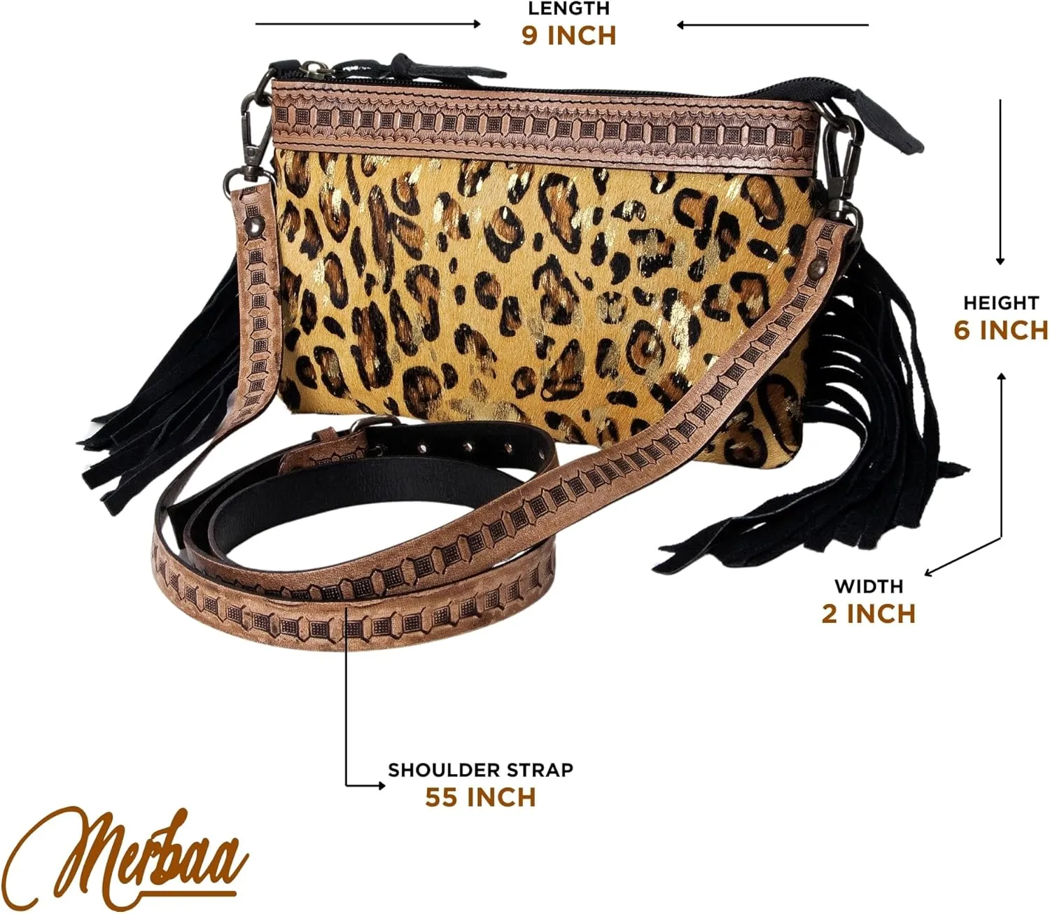 Women's Natural Cowhide Leather Jaguar Printed Small Crossbody Bag Handtooled Leather Strap with Multipocket