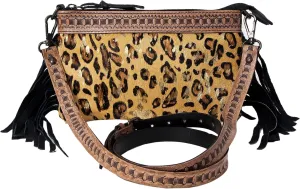 Women's Natural Cowhide Leather Jaguar Printed Small Crossbody Bag Handtooled Leather Strap with Multipocket