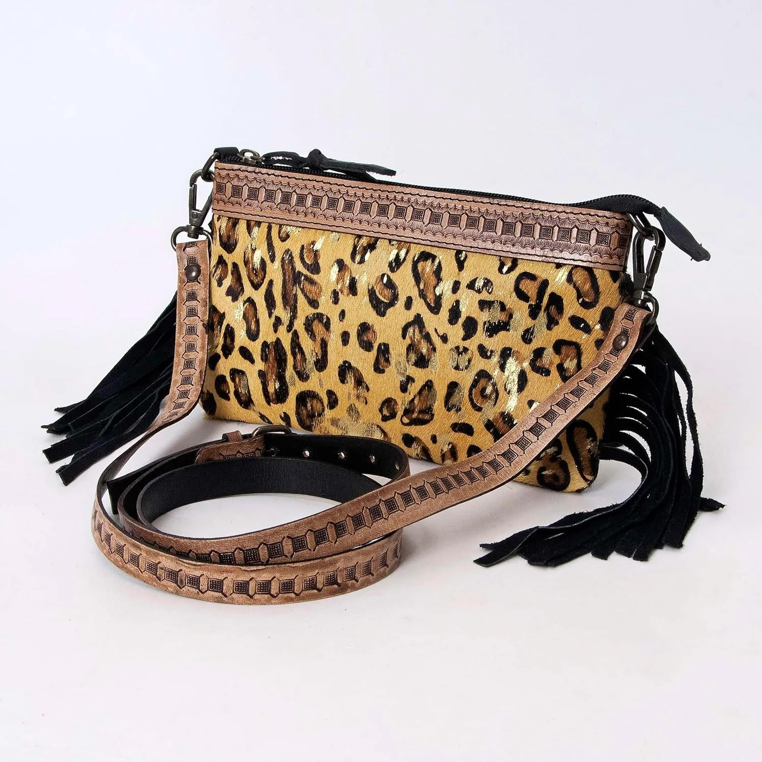 Women's Natural Cowhide Leather Jaguar Printed Small Crossbody Bag Handtooled Leather Strap with Multipocket