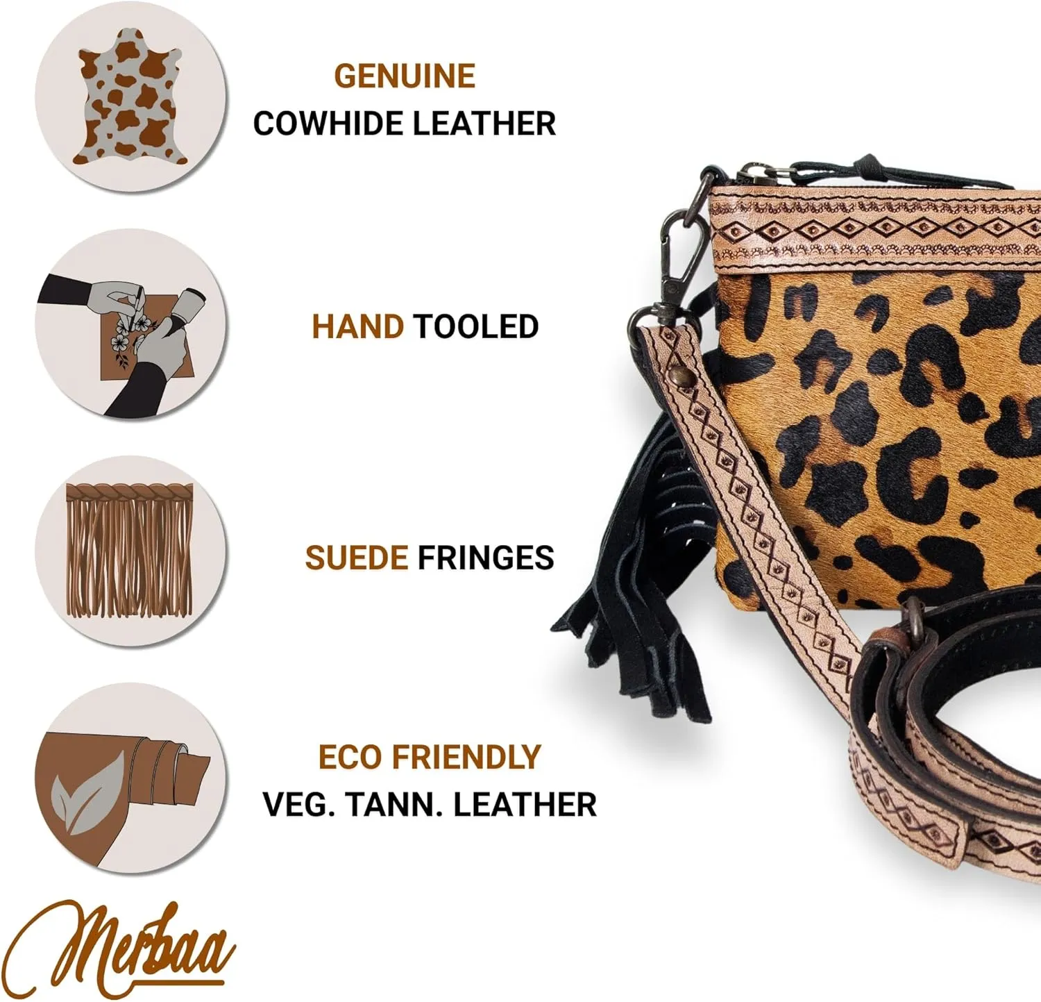 Women's Natural Cowhide Leather Jaguar Printed Small Crossbody Bag Handtooled Leather Strap with Multipocket