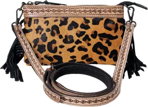 Women's Natural Cowhide Leather Jaguar Printed Small Crossbody Bag Handtooled Leather Strap with Multipocket