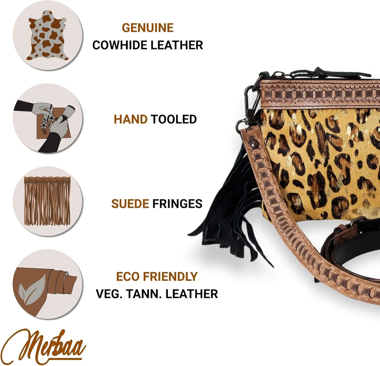Women's Natural Cowhide Leather Jaguar Printed Small Crossbody Bag Handtooled Leather Strap with Multipocket