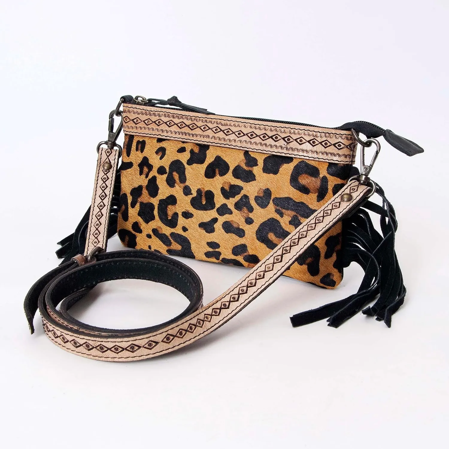 Women's Natural Cowhide Leather Jaguar Printed Small Crossbody Bag Handtooled Leather Strap with Multipocket