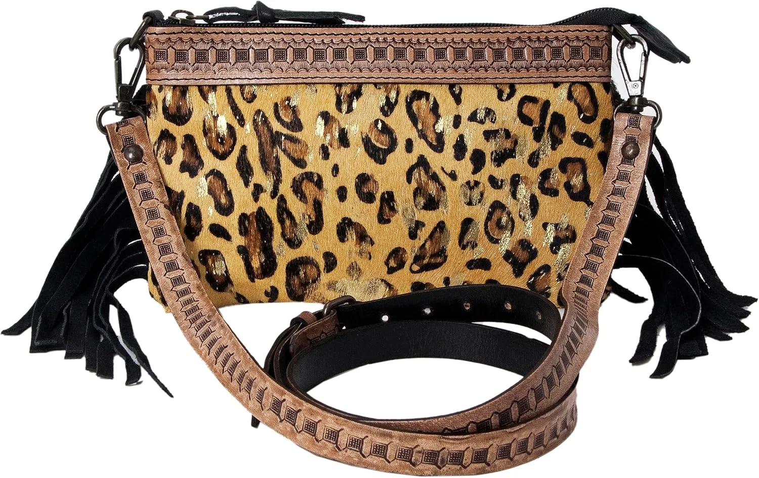 Women's Natural Cowhide Leather Jaguar Printed Small Crossbody Bag Handtooled Leather Strap with Multipocket