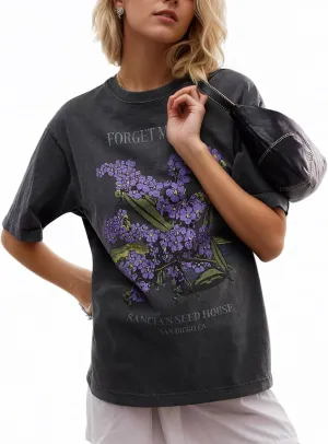 Women's Oversized Vintage Floral Graphic Tops with Ruffle Hem Y2K Retro Baggy Tee Summer Casual Streetwear T-Shirt