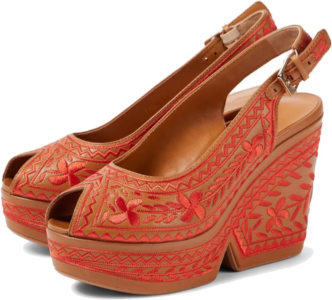 Women's Platform Leather/Rhinestone/Embroidered Slingback Heels Peep Round Toe Wedge Heel Pumps Backstrap Buckle High Heel Dress Shoes Sandals Ladies