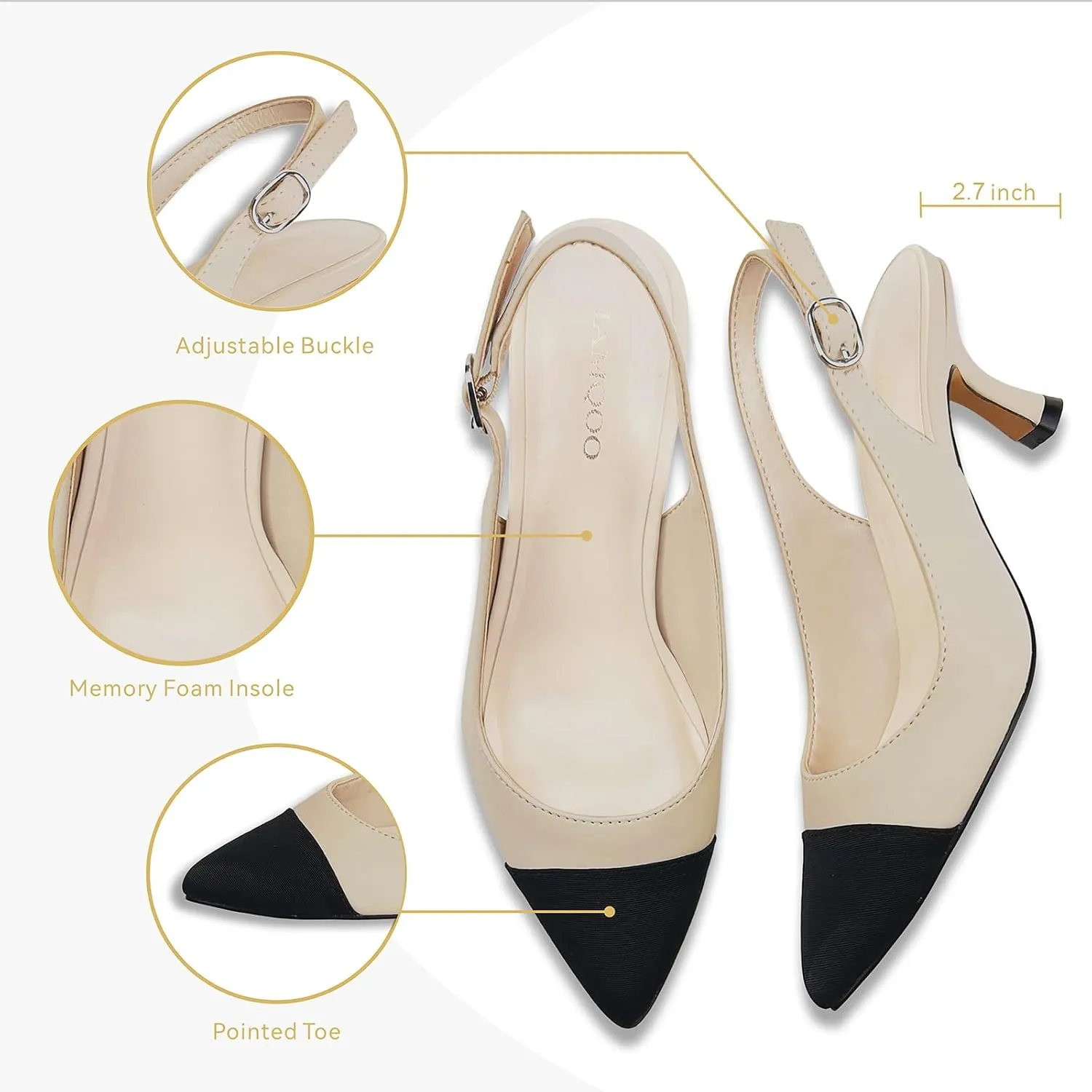 Women's Pointed Toe Heel Shoes,Slingback Heels with Adjustable Buckle,2.7IN Kitten Heels for Women,Ladies Dress Shoes for Wedding,Party