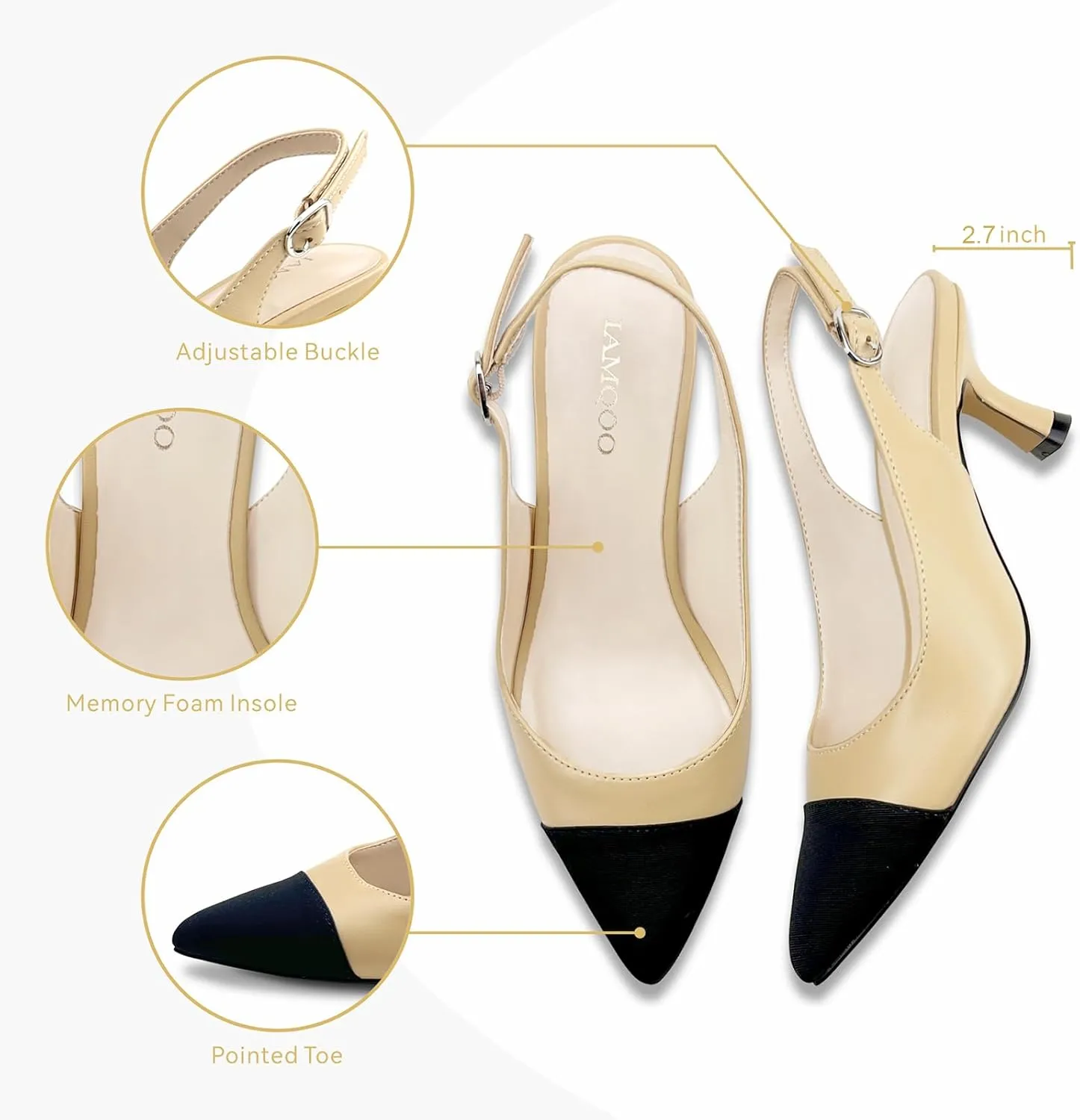 Women's Pointed Toe Heel Shoes,Slingback Heels with Adjustable Buckle,2.7IN Kitten Heels for Women,Ladies Dress Shoes for Wedding,Party