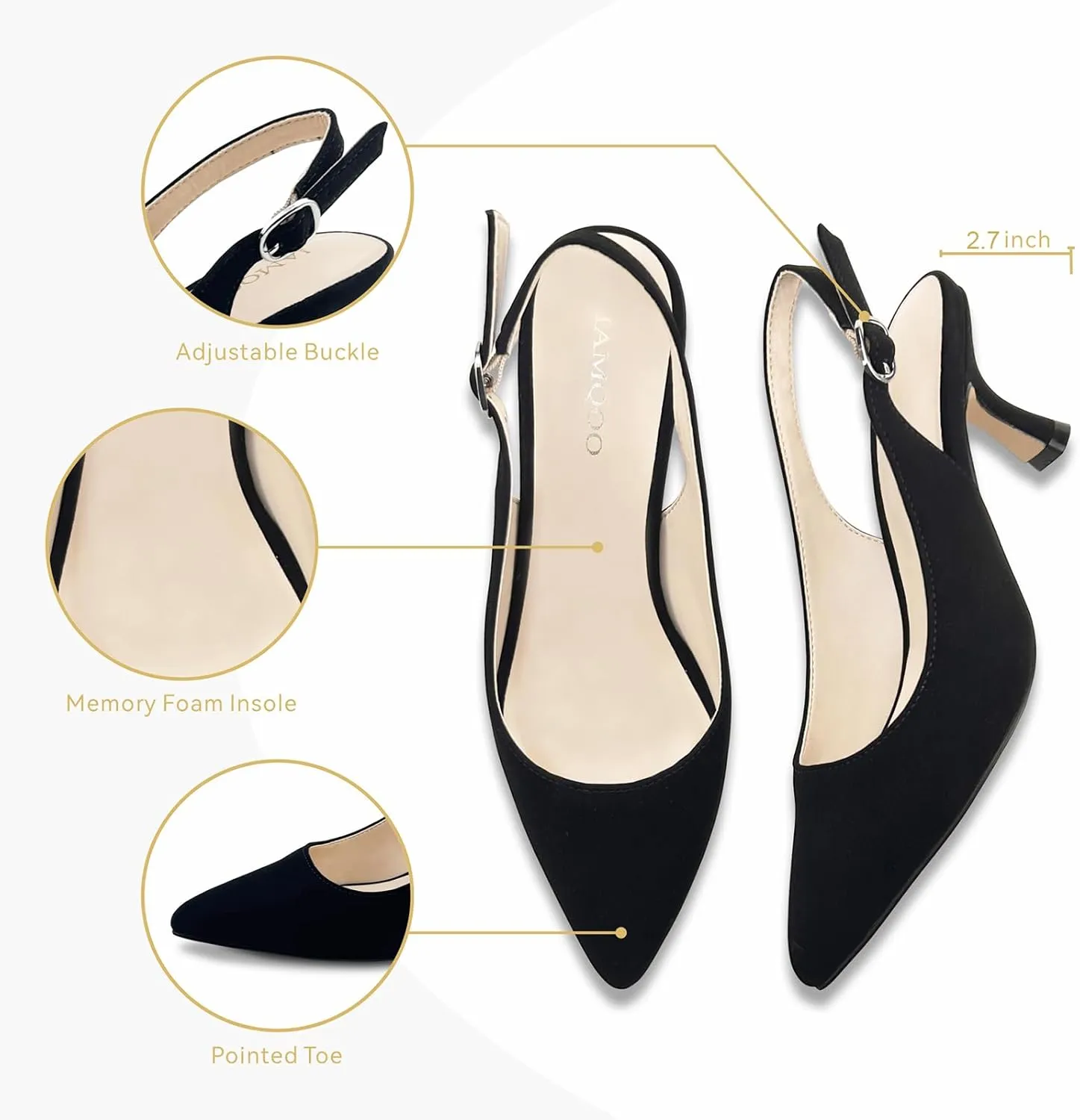 Women's Pointed Toe Heel Shoes,Slingback Heels with Adjustable Buckle,2.7IN Kitten Heels for Women,Ladies Dress Shoes for Wedding,Party