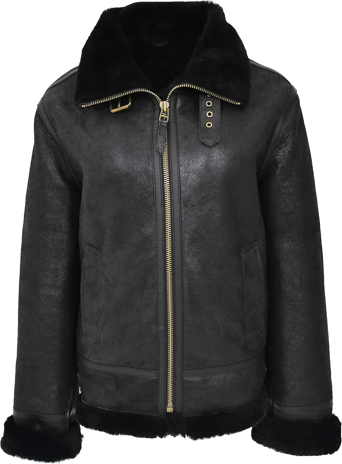 Womens Real Black Sheepskin Flying Jacket Hooded Shearling B3 Pilot Aviator Coat Maria