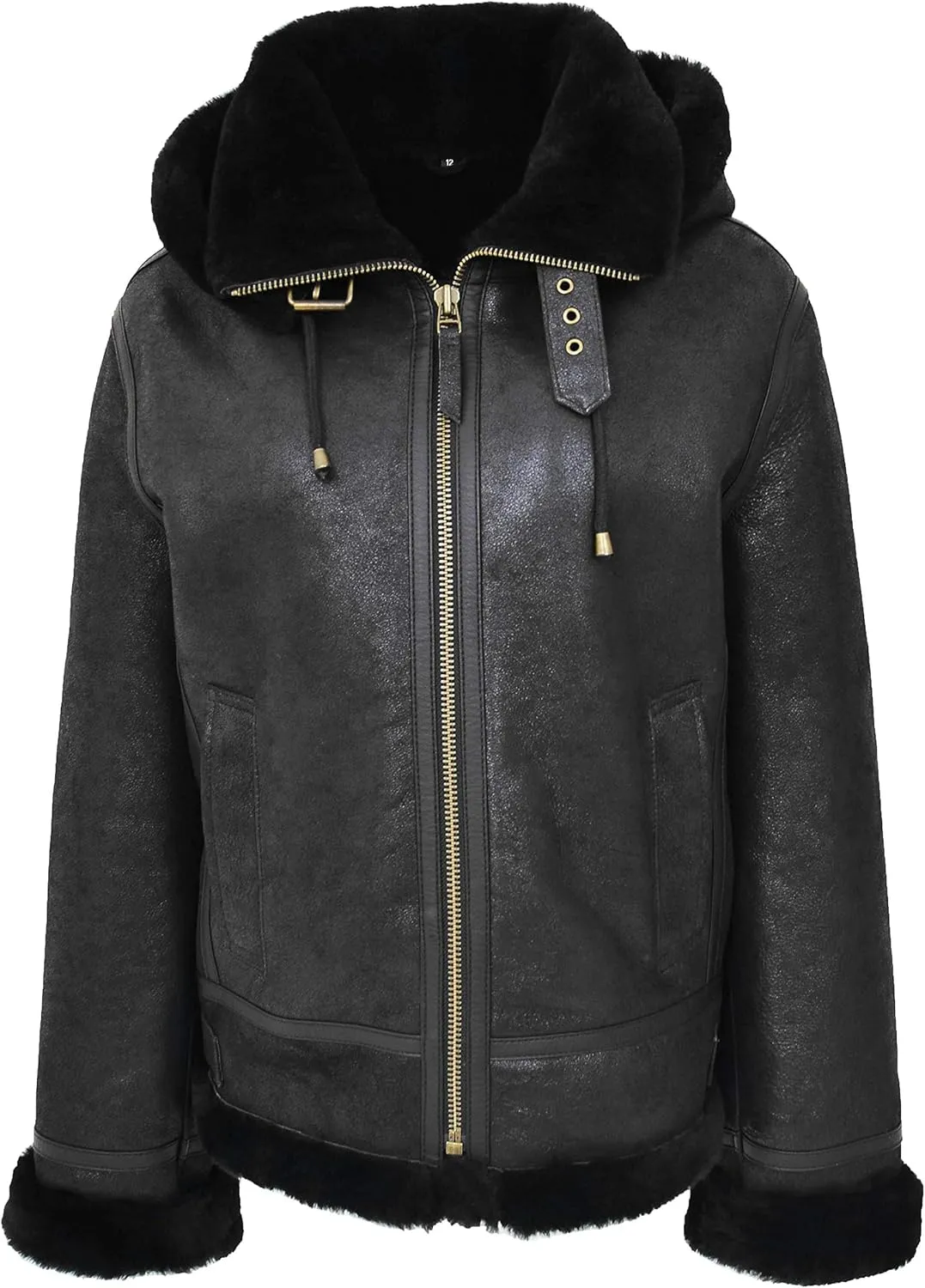 Womens Real Black Sheepskin Flying Jacket Hooded Shearling B3 Pilot Aviator Coat Maria