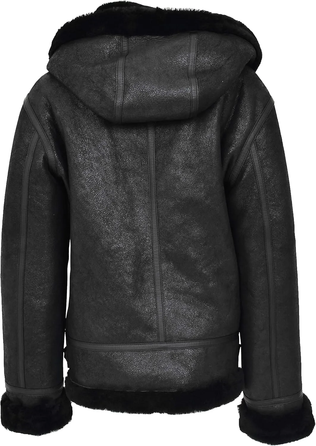 Womens Real Black Sheepskin Flying Jacket Hooded Shearling B3 Pilot Aviator Coat Maria