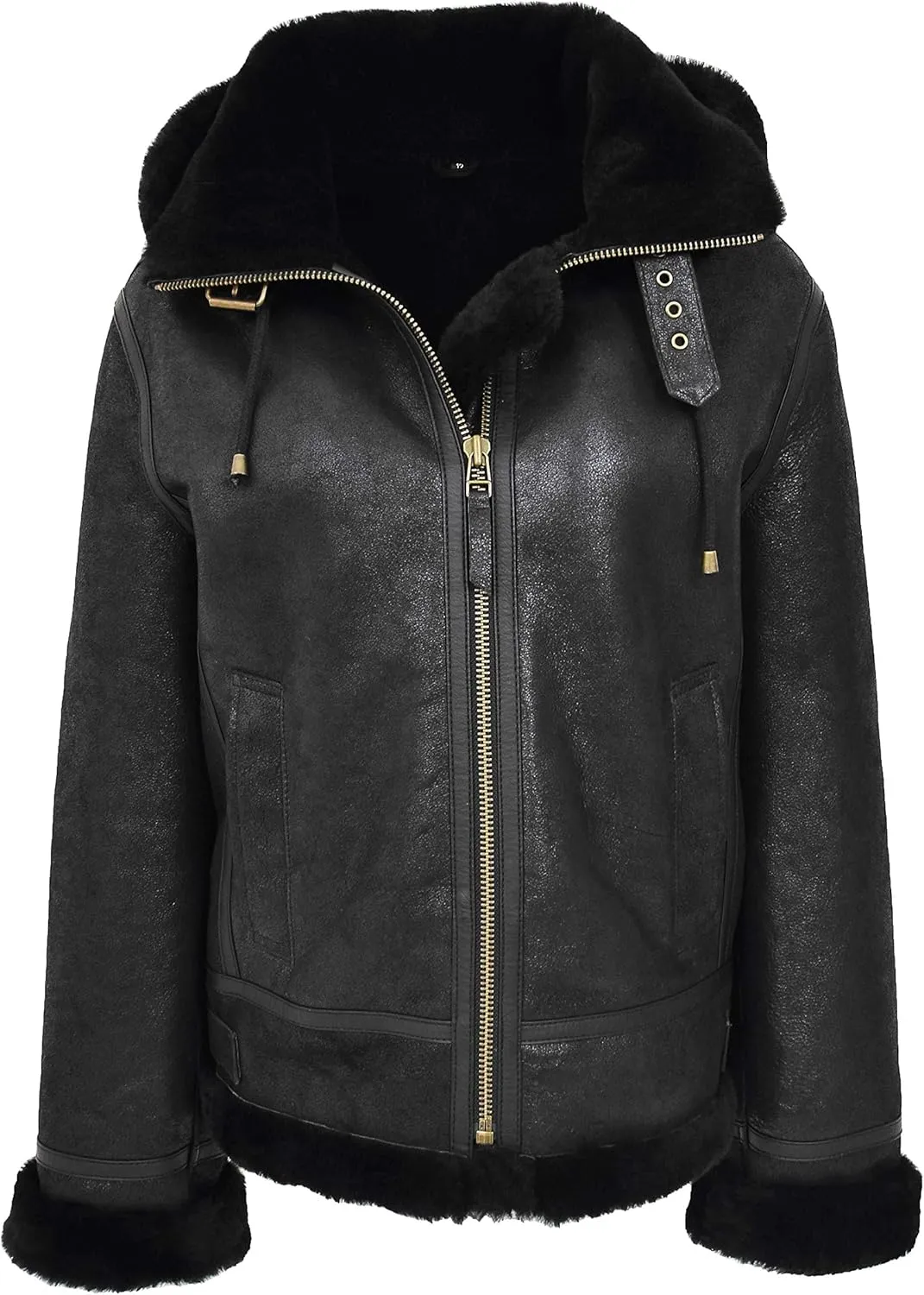 Womens Real Black Sheepskin Flying Jacket Hooded Shearling B3 Pilot Aviator Coat Maria