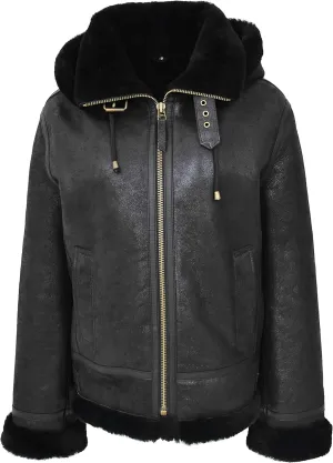 Womens Real Black Sheepskin Flying Jacket Hooded Shearling B3 Pilot Aviator Coat Maria