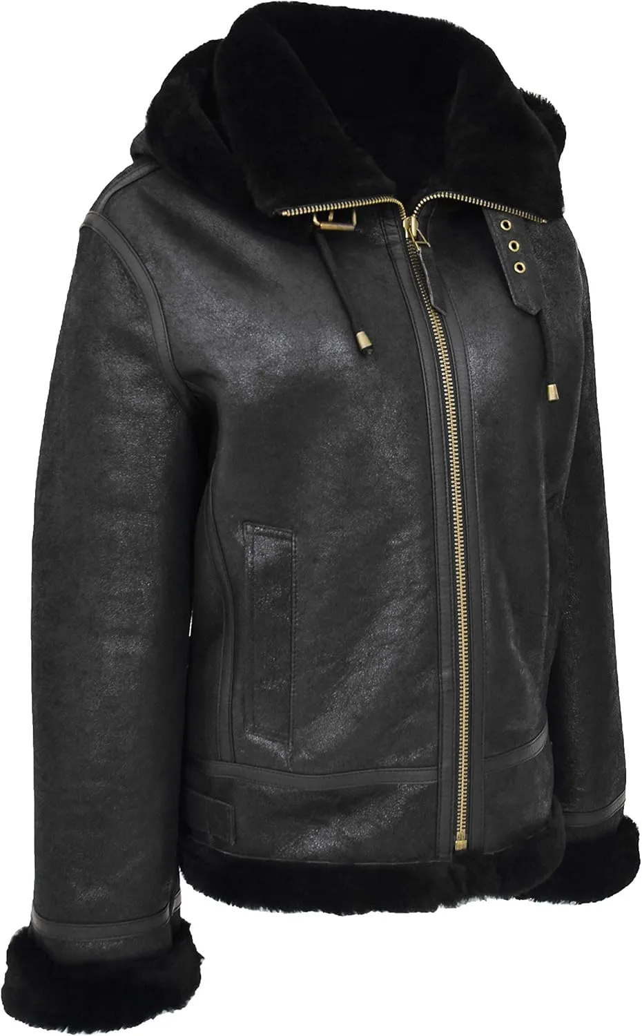 Womens Real Black Sheepskin Flying Jacket Hooded Shearling B3 Pilot Aviator Coat Maria