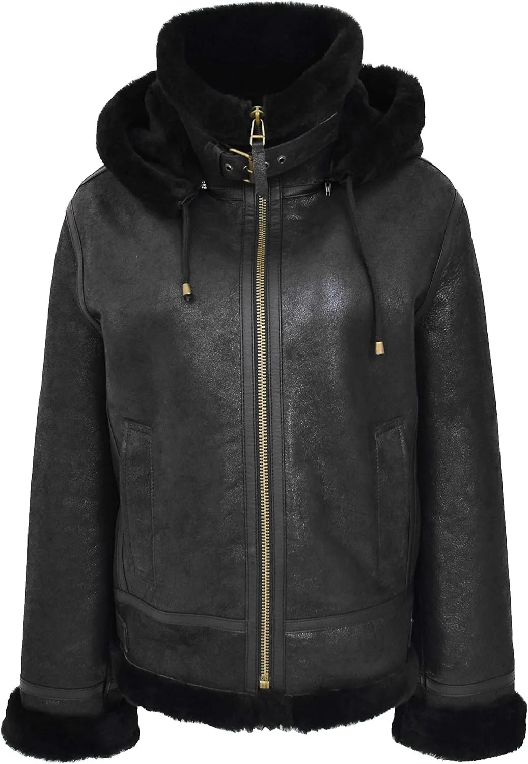 Womens Real Black Sheepskin Flying Jacket Hooded Shearling B3 Pilot Aviator Coat Maria