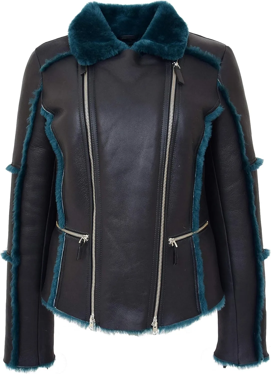 Womens Real Sheepskin Aviator Shearling Pilot Style Jacket Valerie Black Green