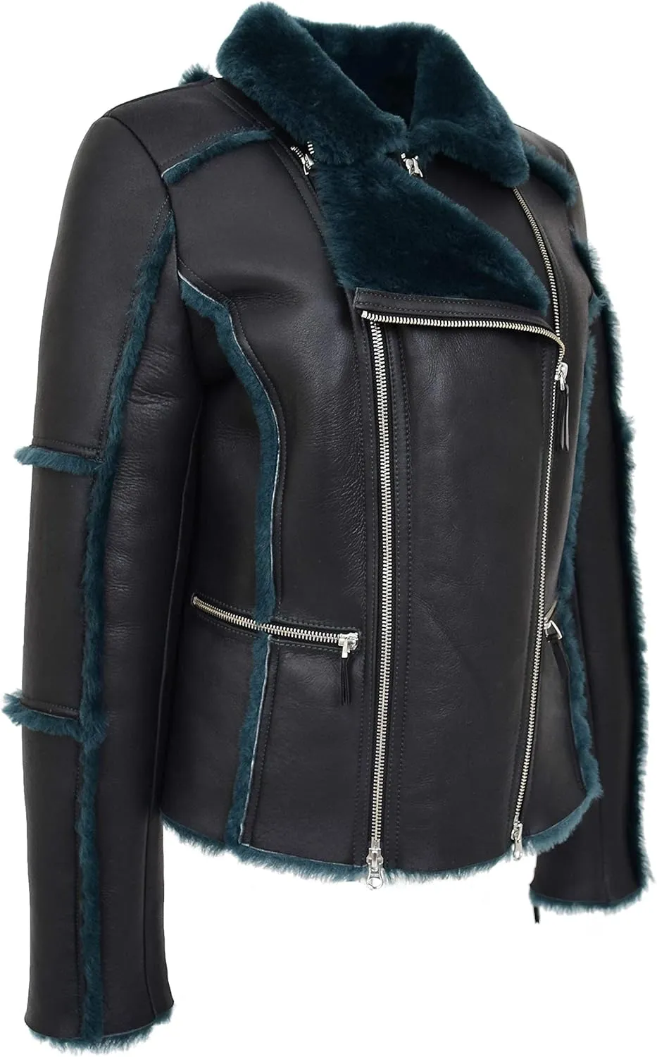 Womens Real Sheepskin Aviator Shearling Pilot Style Jacket Valerie Black Green